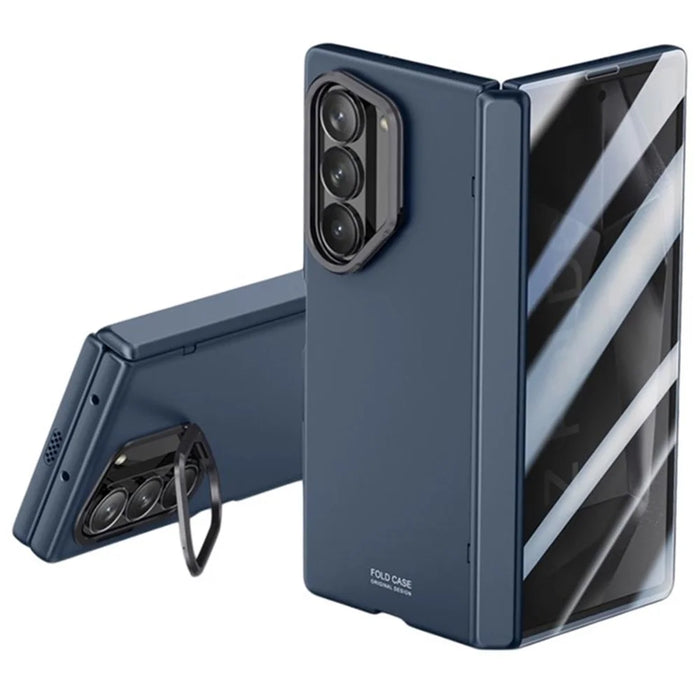 For Samsung Galaxy Z Fold6 5G Case PC Hard Phone Cover with Anti-spy Film, Lens Frame Kickstand - Blue - 1
