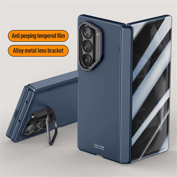 For Samsung Galaxy Z Fold6 5G Case PC Hard Phone Cover with Anti-spy Film, Lens Frame Kickstand - Blue - 3