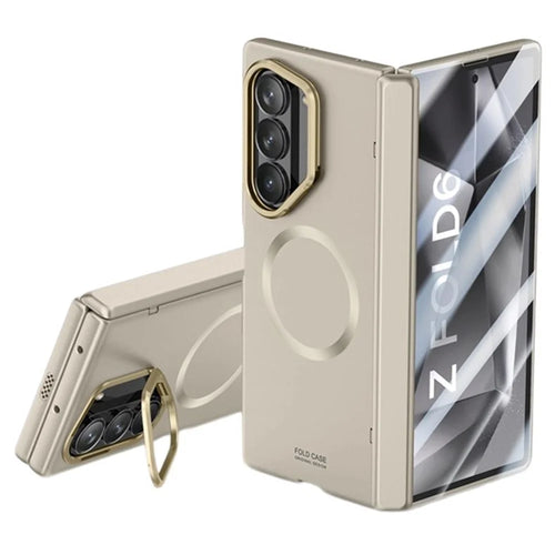 For Samsung Galaxy Z Fold6 5G Magnetic Case Hard PC Phone Cover with HD Tempered Glass Film, Kickstand  - Titanium Grey - 1