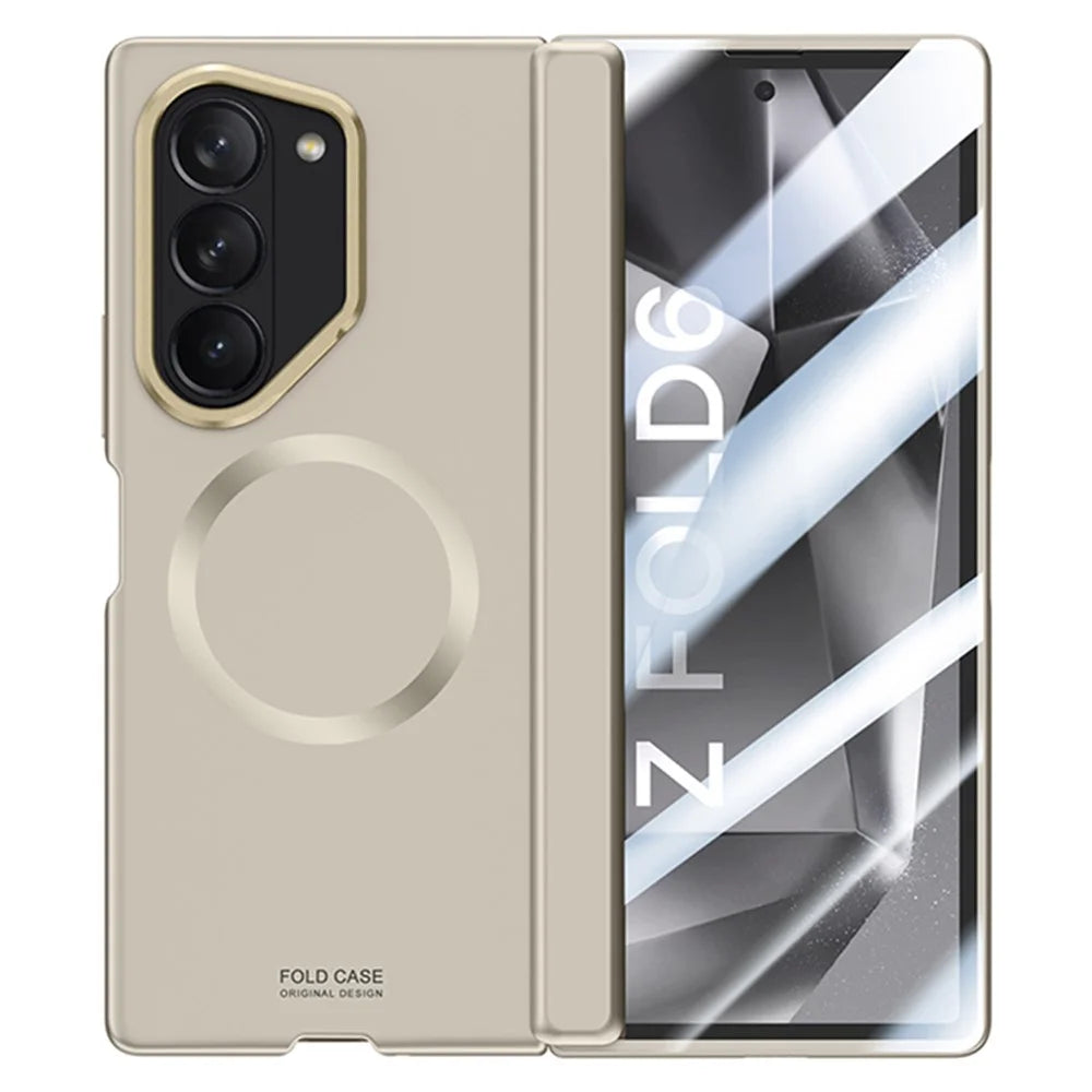 For Samsung Galaxy Z Fold6 5G Magnetic Case Hard PC Phone Cover with HD Tempered Glass Film, Kickstand  - Titanium Grey - 3