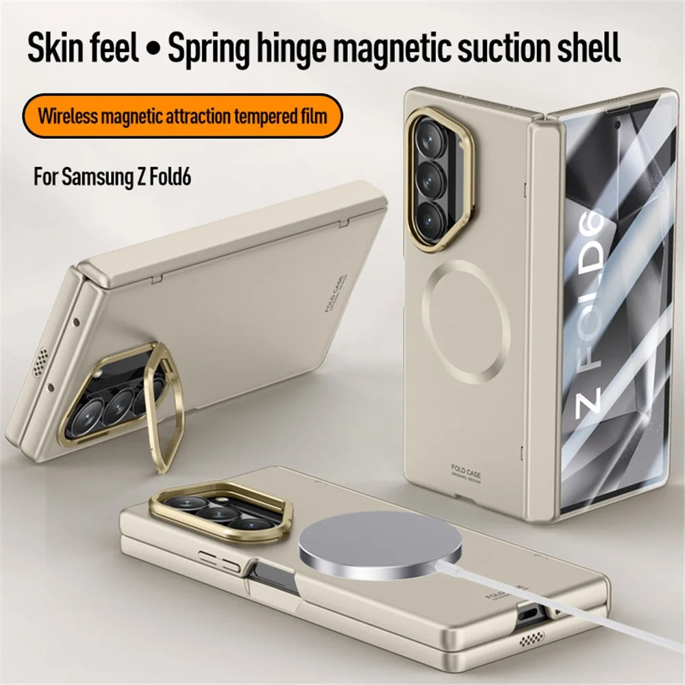 For Samsung Galaxy Z Fold6 5G Magnetic Case Hard PC Phone Cover with HD Tempered Glass Film, Kickstand  - Titanium Grey - 4