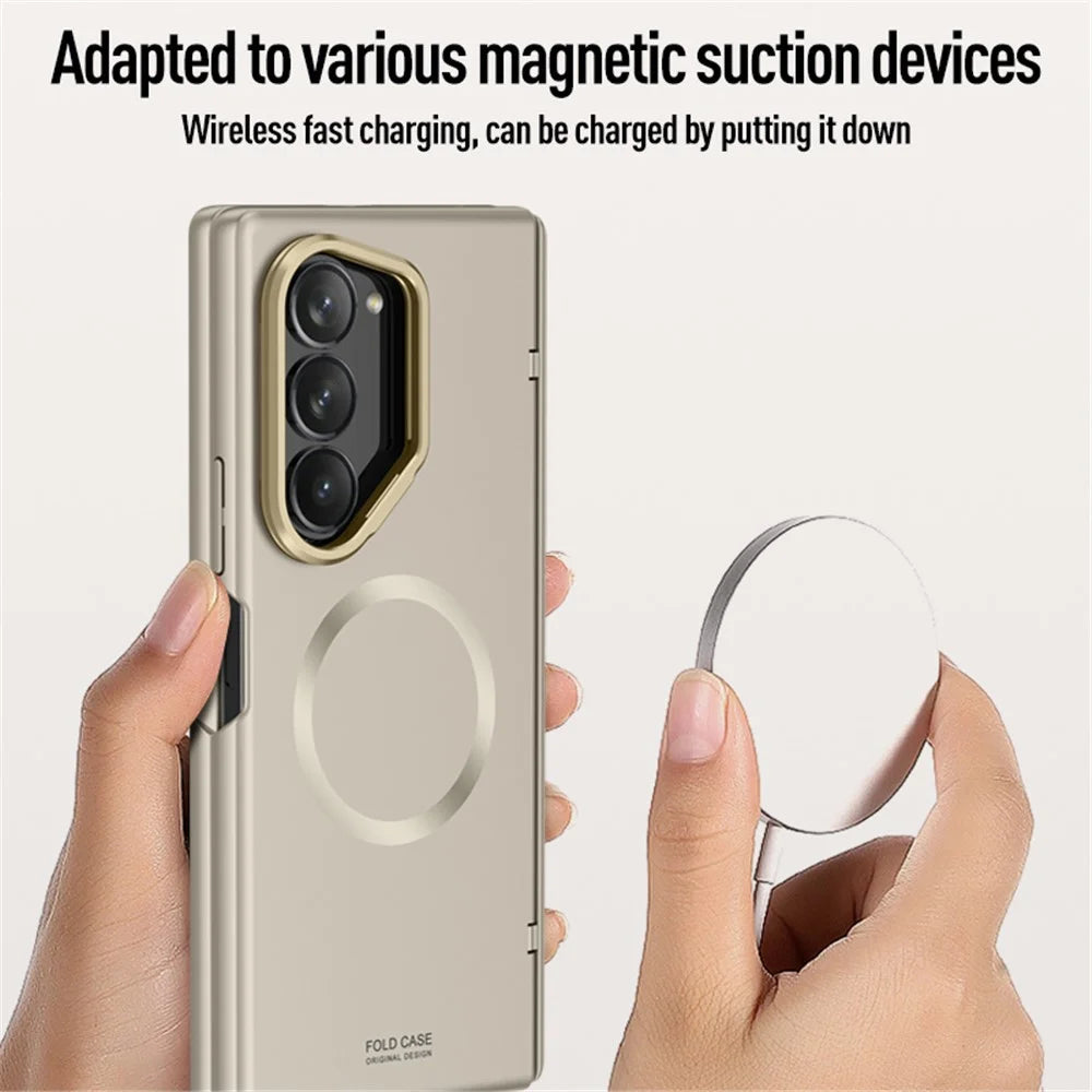 For Samsung Galaxy Z Fold6 5G Magnetic Case Hard PC Phone Cover with HD Tempered Glass Film, Kickstand  - Titanium Grey - 5