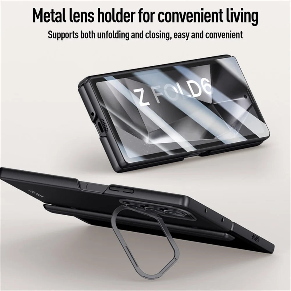 For Samsung Galaxy Z Fold6 5G Magnetic Case Hard PC Phone Cover with HD Tempered Glass Film, Kickstand  - Titanium Grey - 6