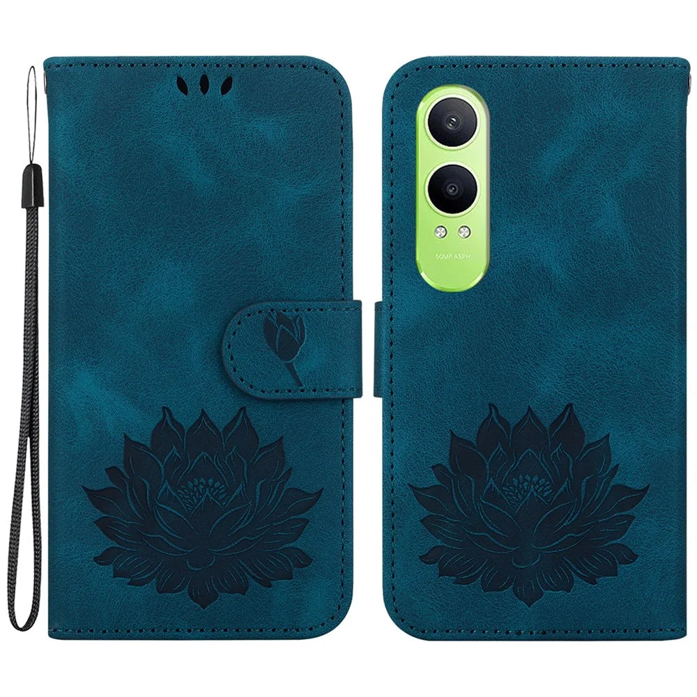 For OnePlus Nord CE4 Lite 5G / Oppo K12x 5G (China) Phone Case Lotus Imprint Leather Stand Wallet Cover - Blue - 1
