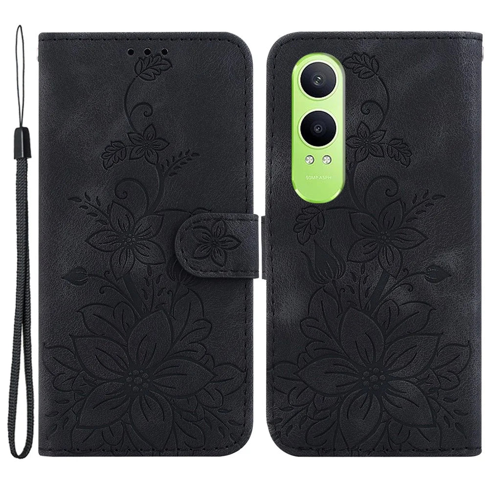 For OnePlus Nord CE4 Lite 5G / Oppo K12x 5G (China) Wallet Case PU Leather Phone Cover Flower Imprinted - Black - 1