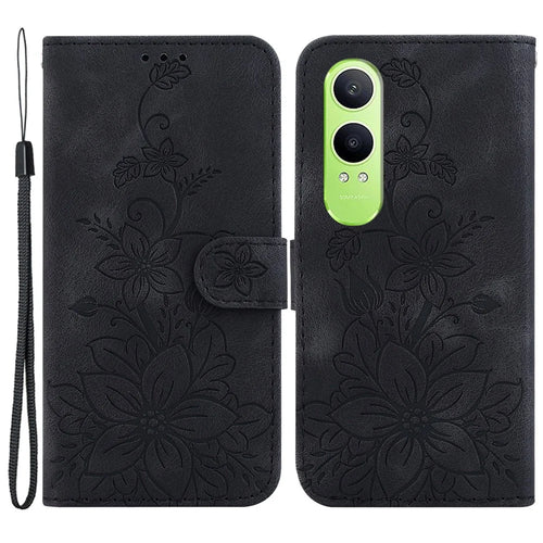 For OnePlus Nord CE4 Lite 5G / Oppo K12x 5G (China) Wallet Case PU Leather Phone Cover Flower Imprinted - Black - 1