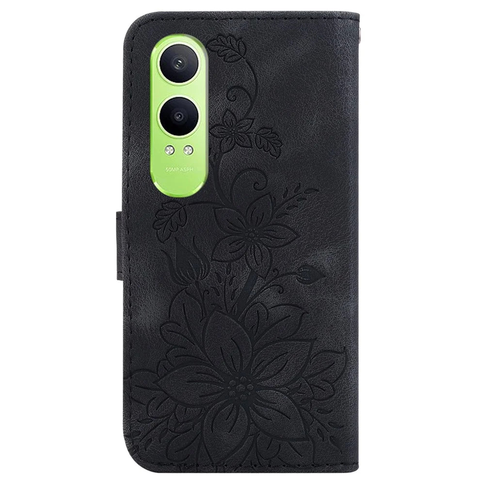 For OnePlus Nord CE4 Lite 5G / Oppo K12x 5G (China) Wallet Case PU Leather Phone Cover Flower Imprinted - Black - 7