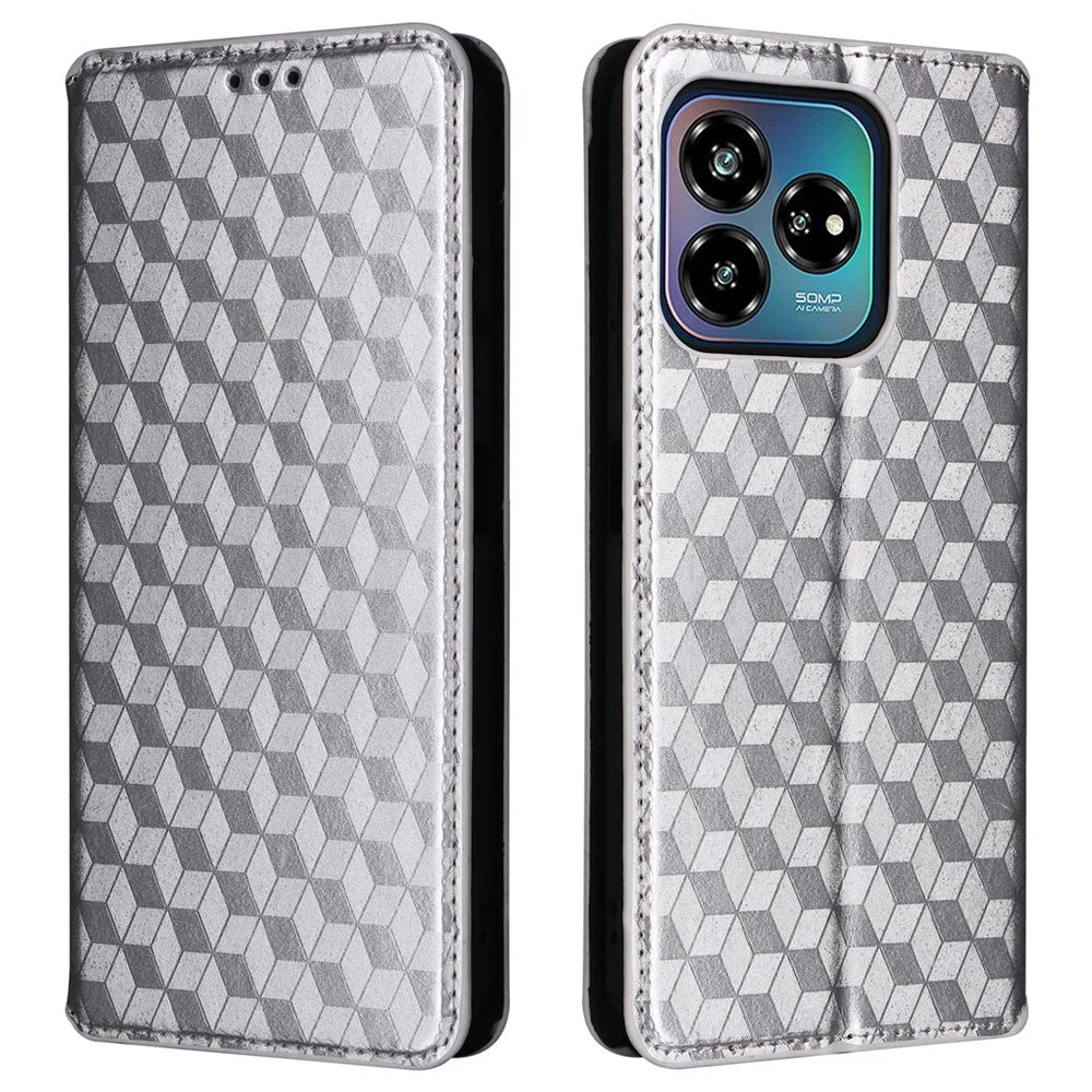 For ZTE Axon 60 Lite  /  Blade V60 Vita Case Leather Wallet Phone Cover Rhombus Imprinted - Silver - 1