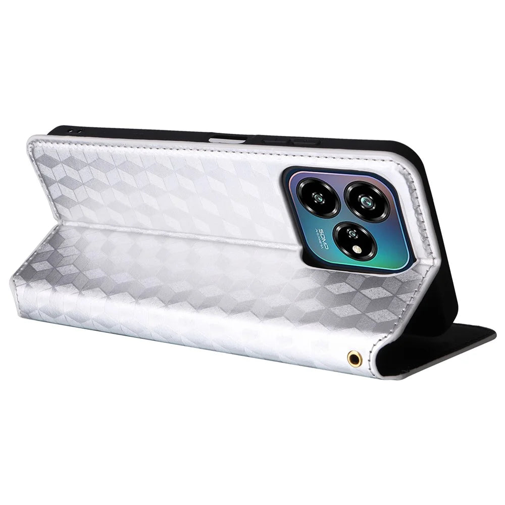 For ZTE Axon 60 Lite  /  Blade V60 Vita Case Leather Wallet Phone Cover Rhombus Imprinted - Silver - 4