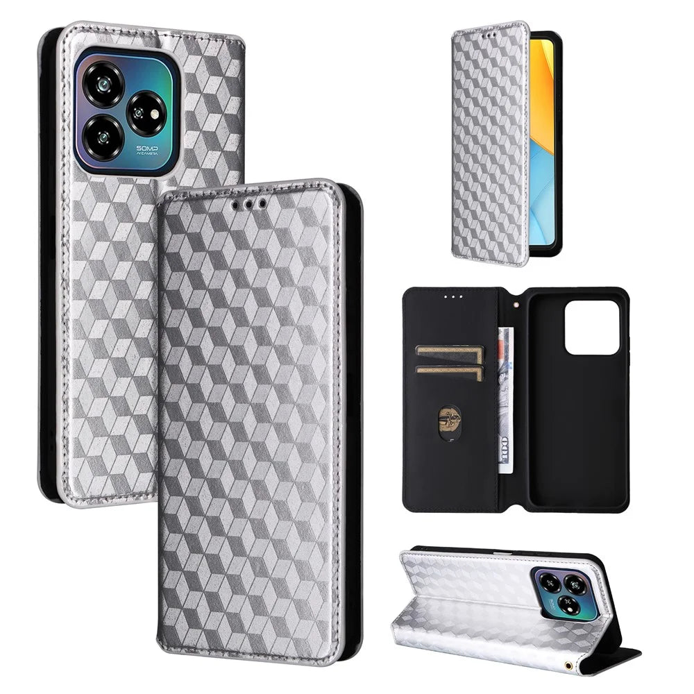 For ZTE Axon 60 Lite  /  Blade V60 Vita Case Leather Wallet Phone Cover Rhombus Imprinted - Silver - 5