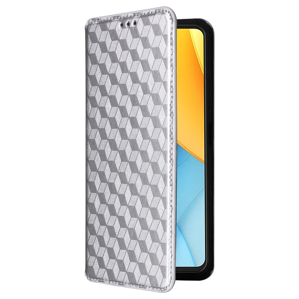 For ZTE Axon 60 Lite  /  Blade V60 Vita Case Leather Wallet Phone Cover Rhombus Imprinted - Silver - 6