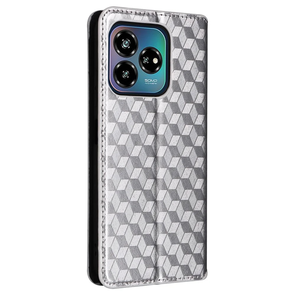For ZTE Axon 60 Lite  /  Blade V60 Vita Case Leather Wallet Phone Cover Rhombus Imprinted - Silver - 7