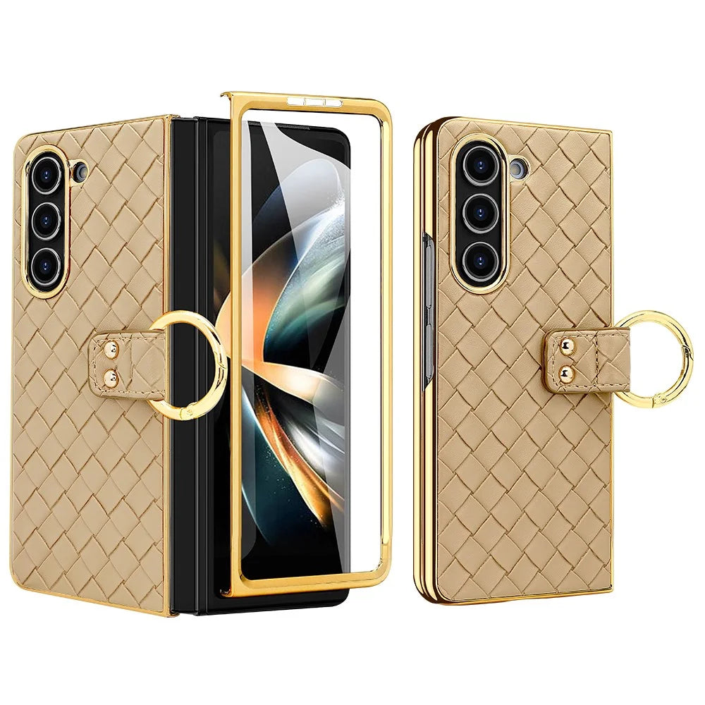 For Samsung Galaxy Z Fold5 5G Case Woven Texture Leather+PC Phone Cover with Back Screen Film - Gold - 1