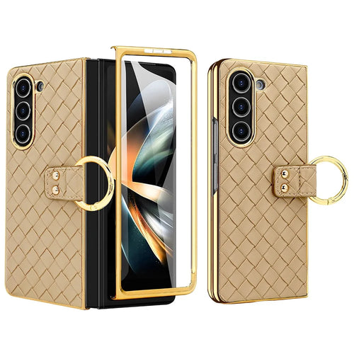 For Samsung Galaxy Z Fold5 5G Case Woven Texture Leather+PC Phone Cover with Back Screen Film - Gold - 1