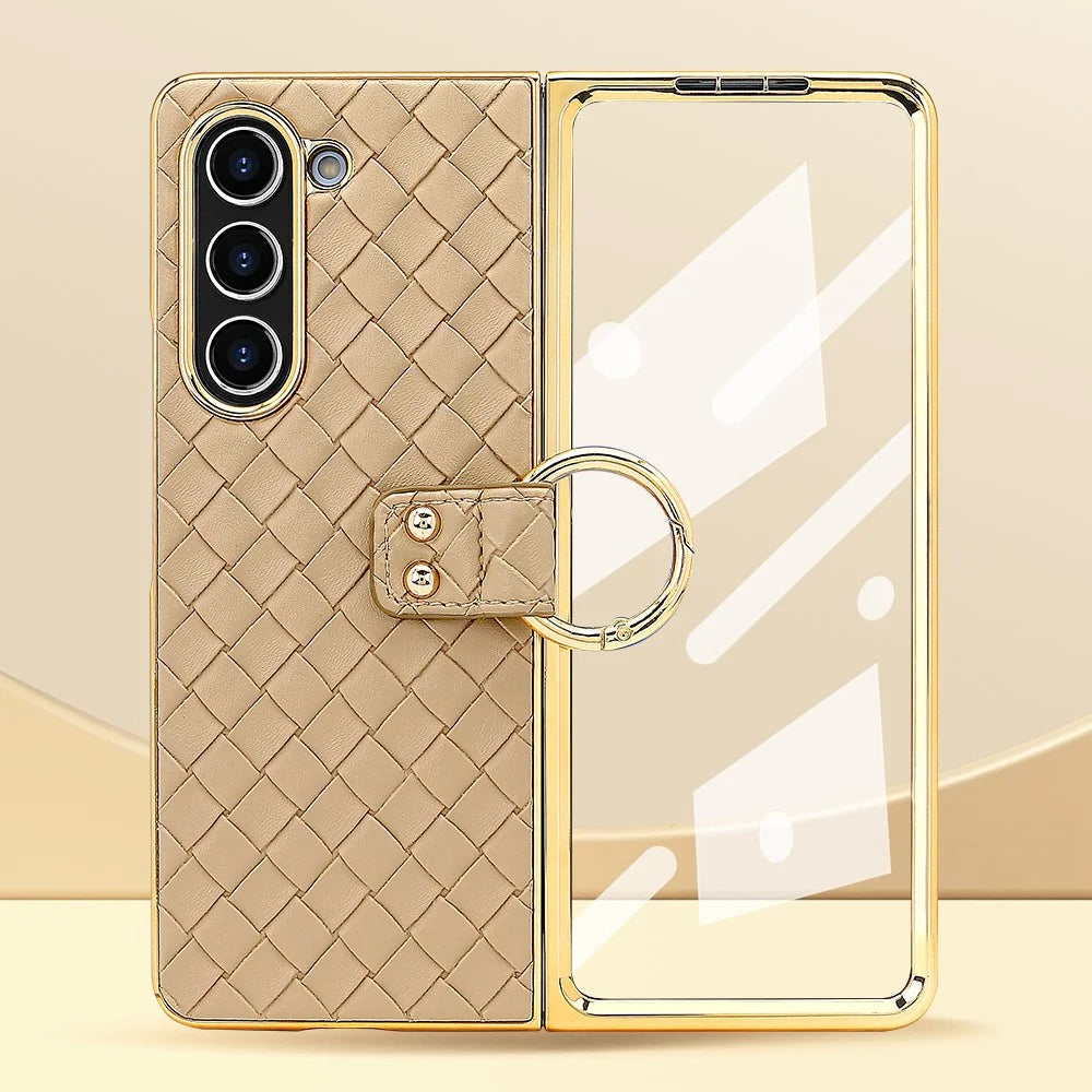 For Samsung Galaxy Z Fold5 5G Case Woven Texture Leather+PC Phone Cover with Back Screen Film - Gold - 2