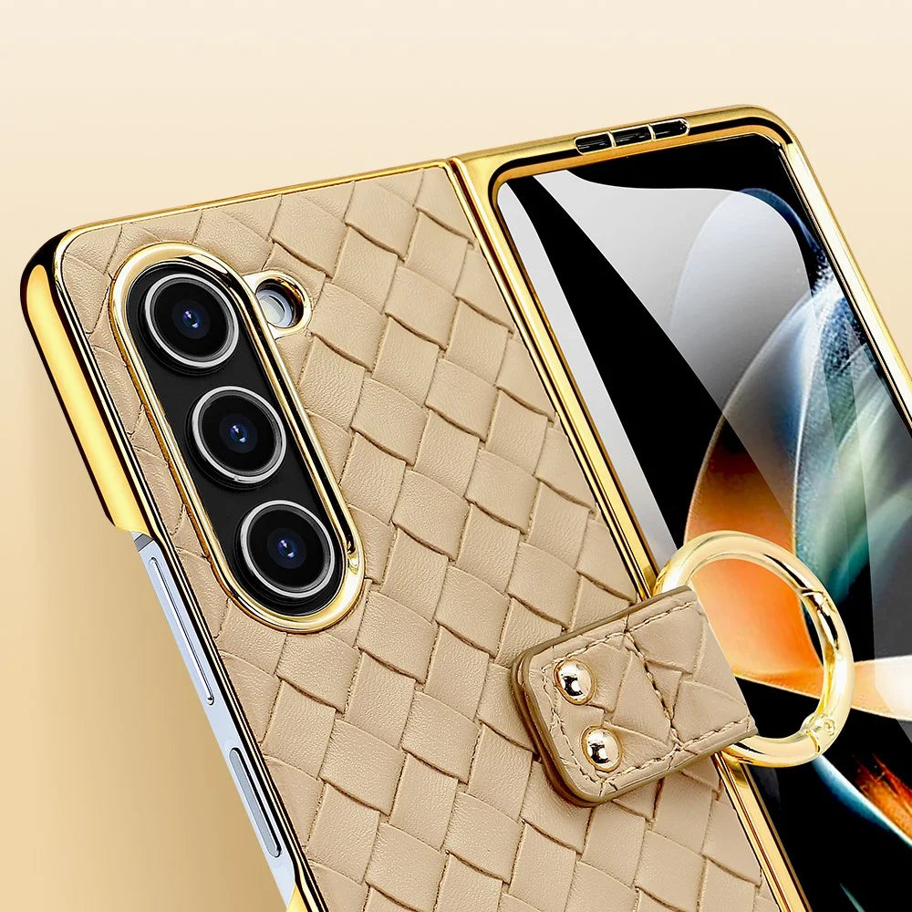 For Samsung Galaxy Z Fold5 5G Case Woven Texture Leather+PC Phone Cover with Back Screen Film - Gold - 3