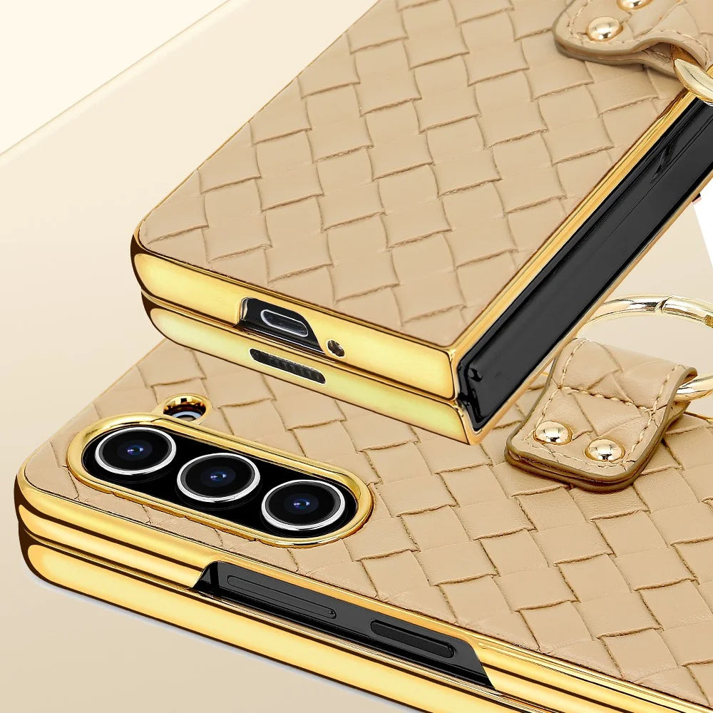 For Samsung Galaxy Z Fold5 5G Case Woven Texture Leather+PC Phone Cover with Back Screen Film - Gold - 4