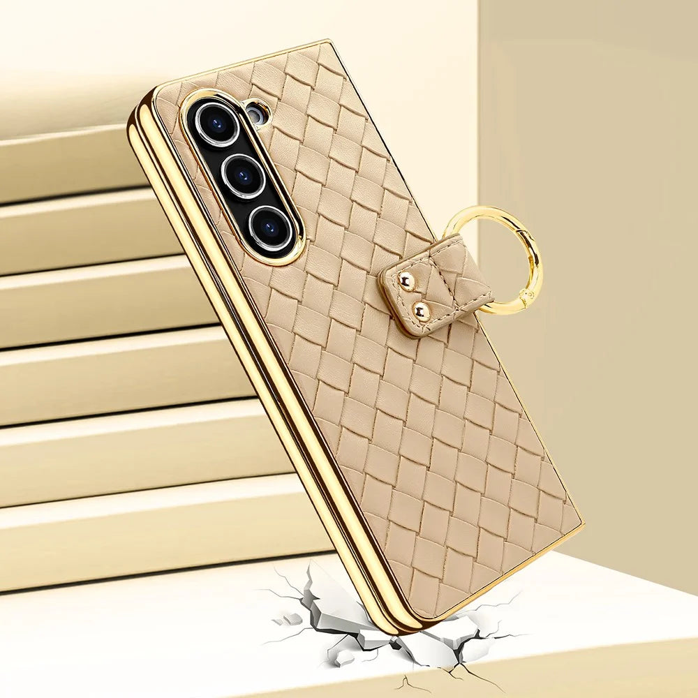 For Samsung Galaxy Z Fold5 5G Case Woven Texture Leather+PC Phone Cover with Back Screen Film - Gold - 5