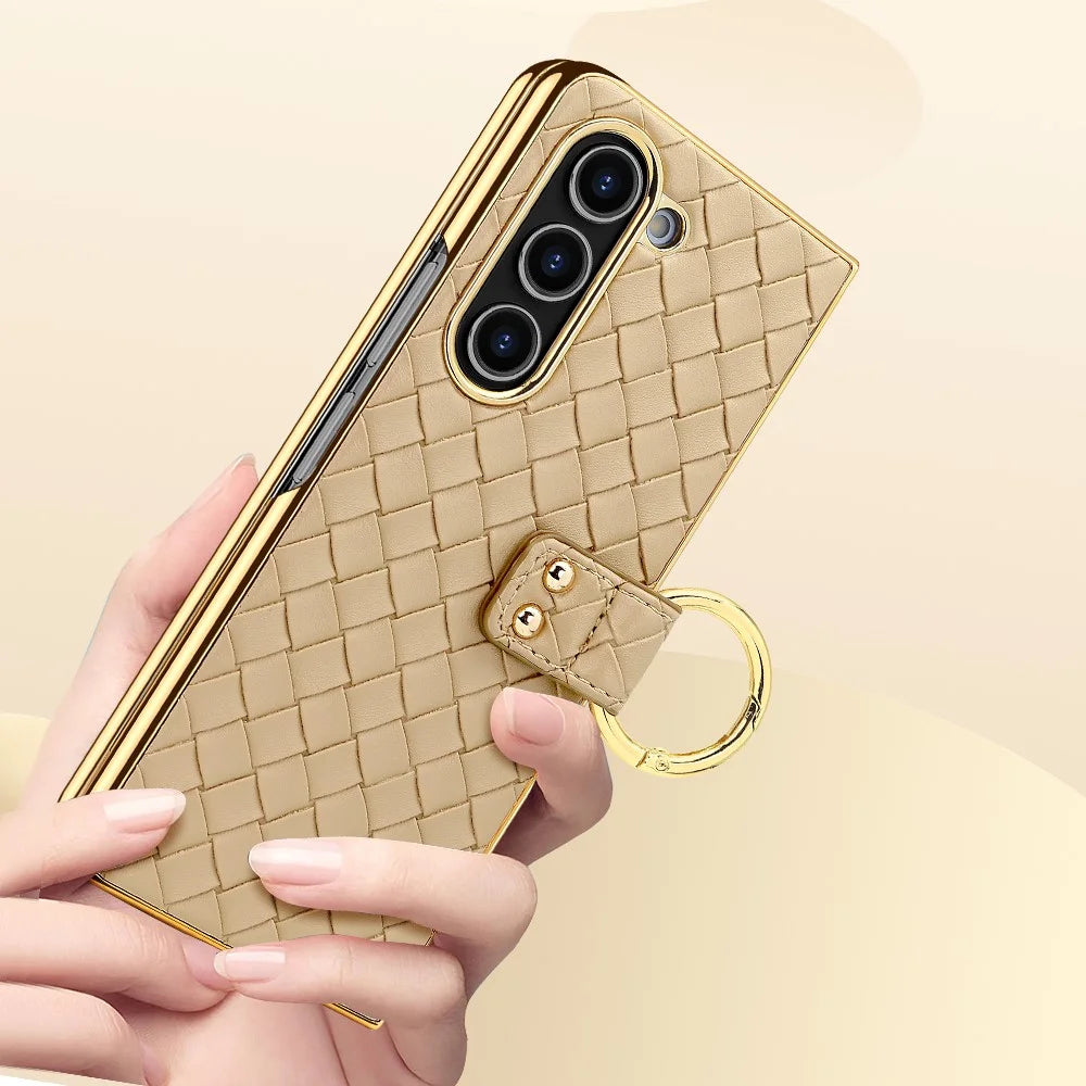 For Samsung Galaxy Z Fold5 5G Case Woven Texture Leather+PC Phone Cover with Back Screen Film - Gold - 6