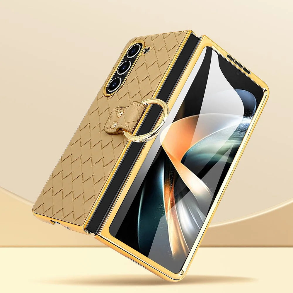 For Samsung Galaxy Z Fold5 5G Case Woven Texture Leather+PC Phone Cover with Back Screen Film - Gold - 7
