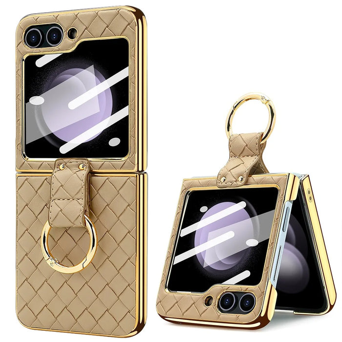 For Samsung Galaxy Z Flip5 5G Case Woven Texture Leather+PC Kickstand Phone Cover with Back Film - Gold - 1