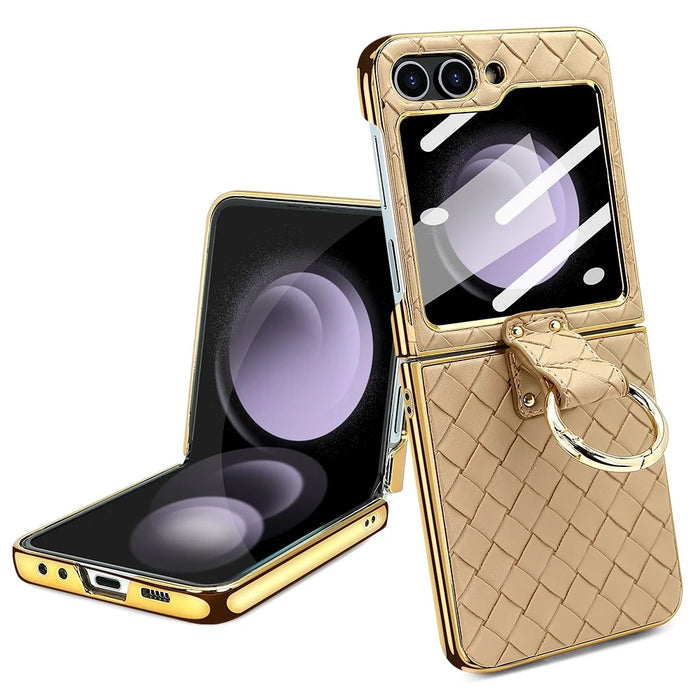 For Samsung Galaxy Z Flip5 5G Case Woven Texture Leather+PC Kickstand Phone Cover with Back Film - Gold - 4