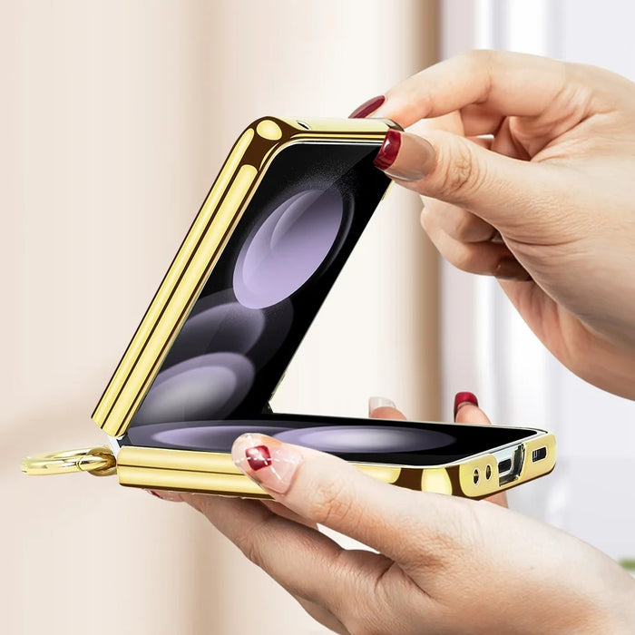 For Samsung Galaxy Z Flip5 5G Case Woven Texture Leather+PC Kickstand Phone Cover with Back Film - Gold - 6