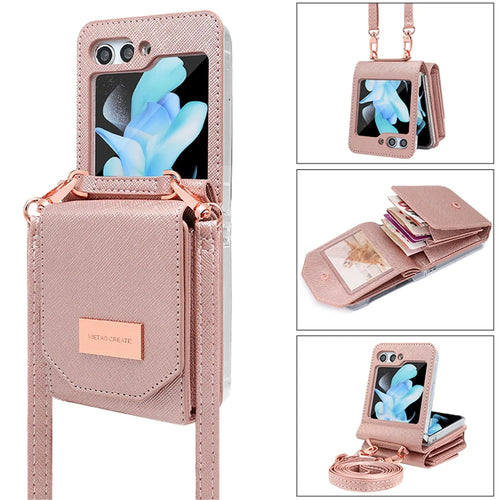 For Samsung Galaxy Z Flip5 5G Case Card Bag Kickstand PU Leather PC Phone Cover with Strap - Rose Gold - 1