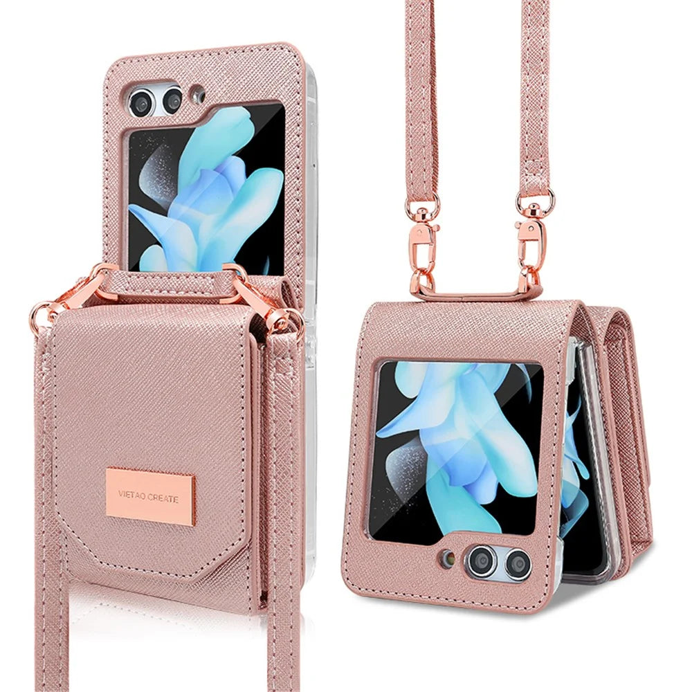 For Samsung Galaxy Z Flip5 5G Case Card Bag Kickstand PU Leather PC Phone Cover with Strap - Rose Gold - 2