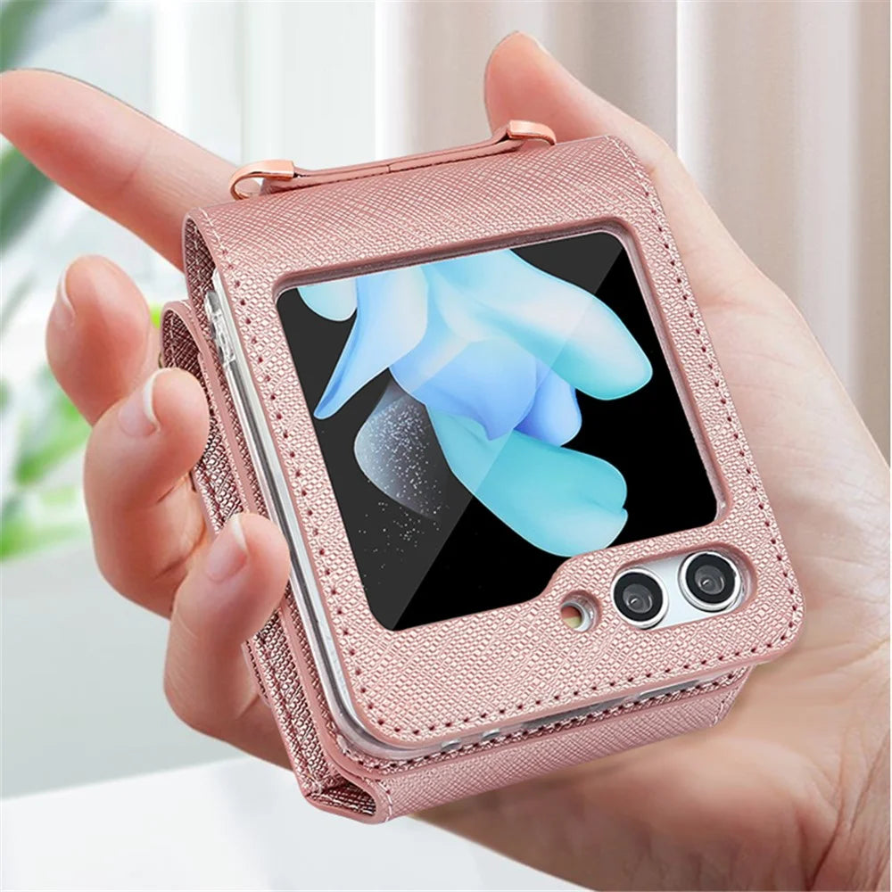 For Samsung Galaxy Z Flip5 5G Case Card Bag Kickstand PU Leather PC Phone Cover with Strap - Rose Gold - 5