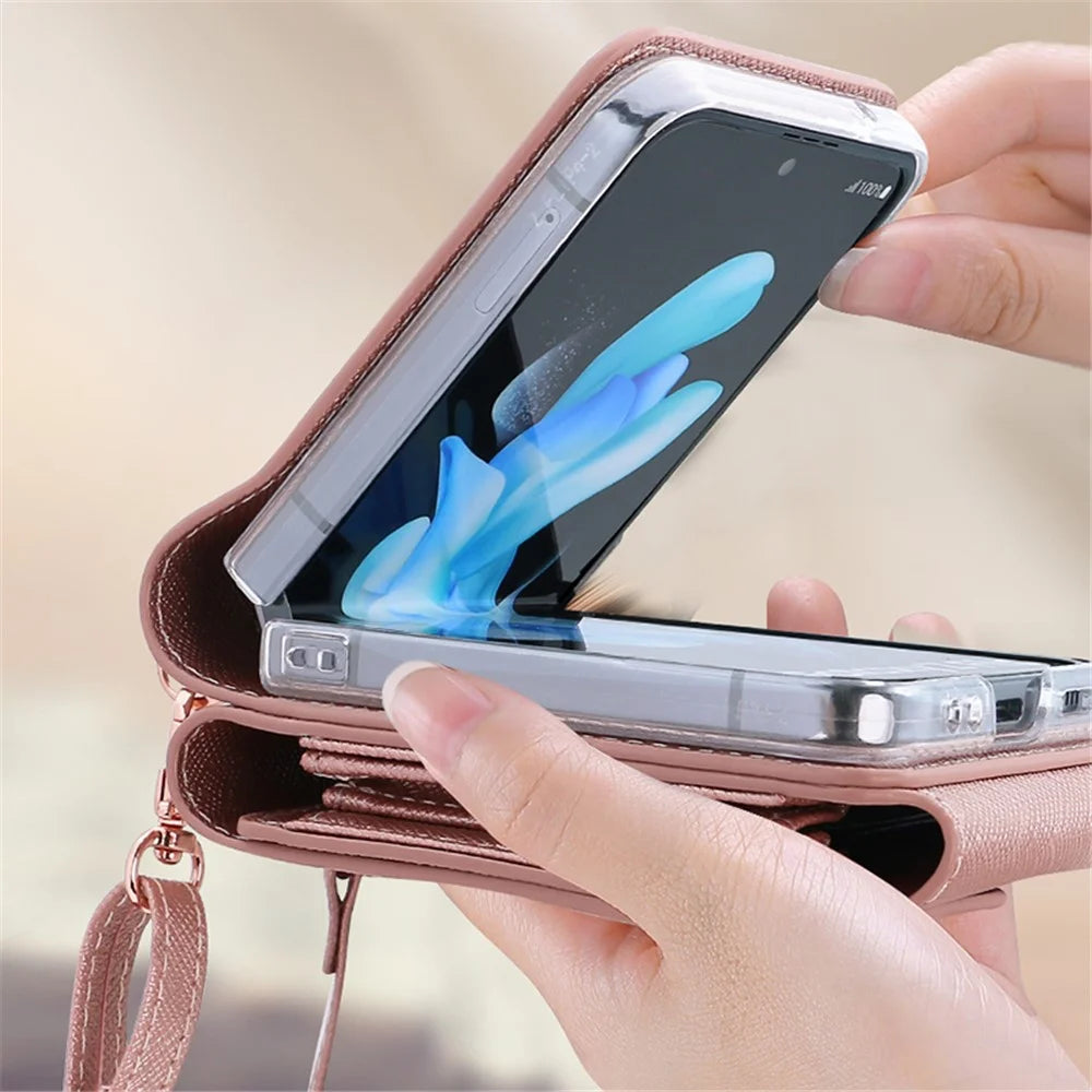 For Samsung Galaxy Z Flip5 5G Case Card Bag Kickstand PU Leather PC Phone Cover with Strap - Rose Gold - 6