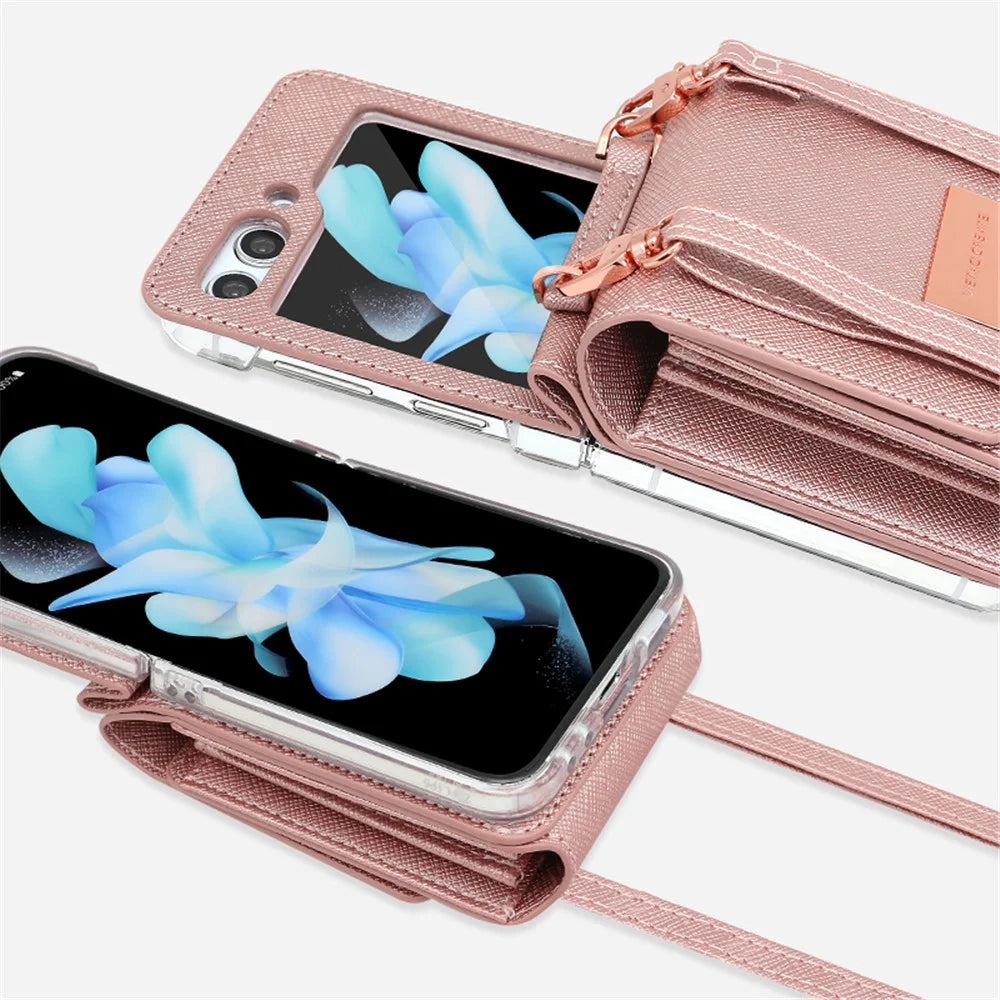 For Samsung Galaxy Z Flip5 5G Case Card Bag Kickstand PU Leather PC Phone Cover with Strap - Rose Gold - 7