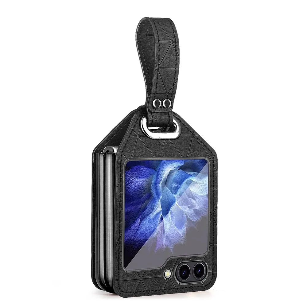 For Samsung Galaxy Z Flip5 5G Case Rhombus Texture Leather+PC Phone Cover Strap Kickstand - Black - 1