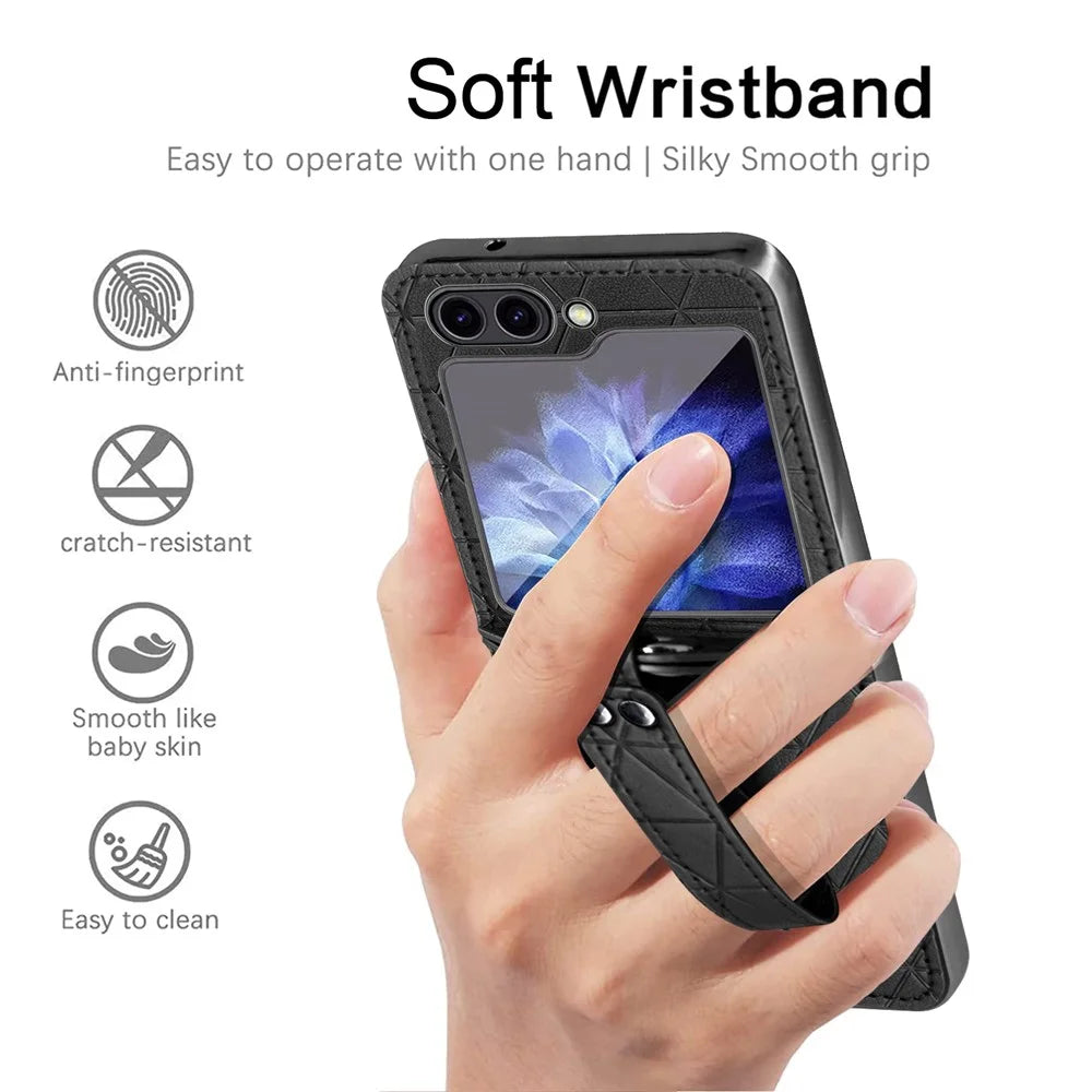 For Samsung Galaxy Z Flip5 5G Case Rhombus Texture Leather+PC Phone Cover Strap Kickstand - Black - 2