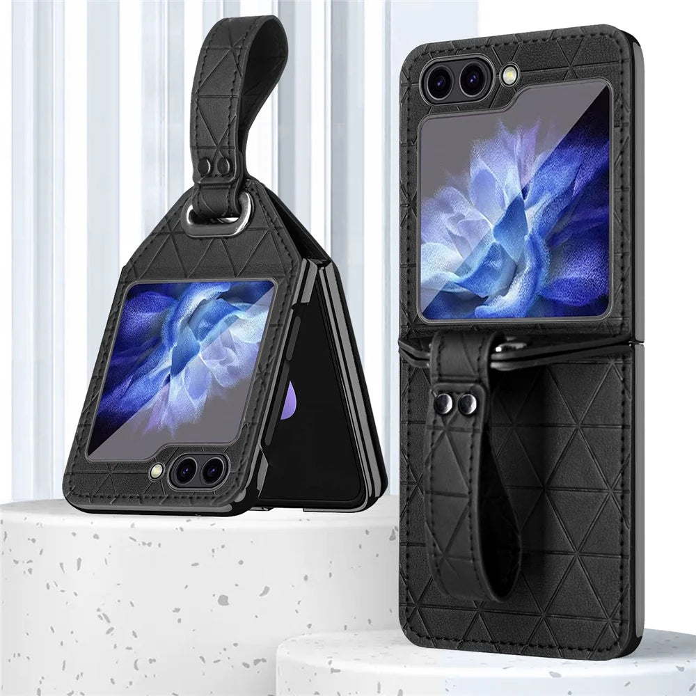 For Samsung Galaxy Z Flip5 5G Case Rhombus Texture Leather+PC Phone Cover Strap Kickstand - Black - 3