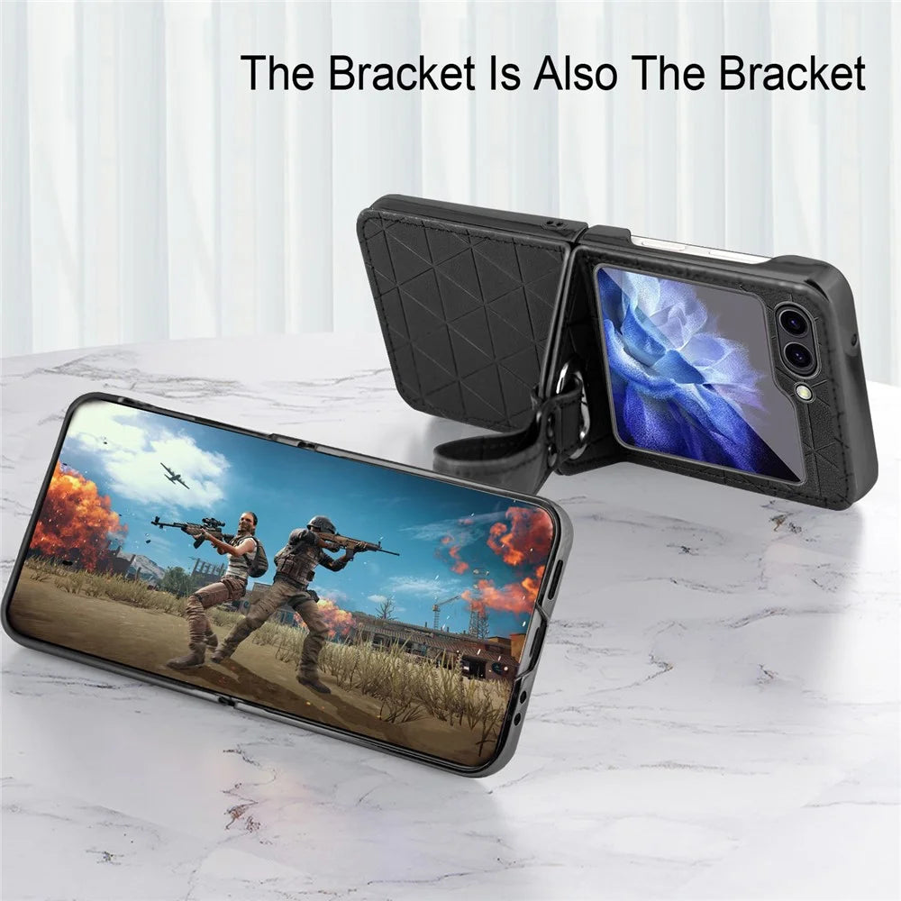For Samsung Galaxy Z Flip5 5G Case Rhombus Texture Leather+PC Phone Cover Strap Kickstand - Black - 4