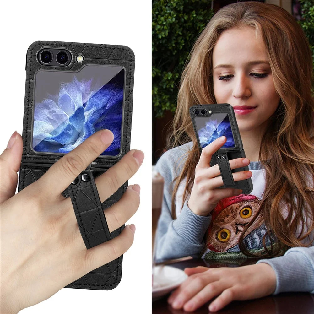 For Samsung Galaxy Z Flip5 5G Case Rhombus Texture Leather+PC Phone Cover Strap Kickstand - Black - 5