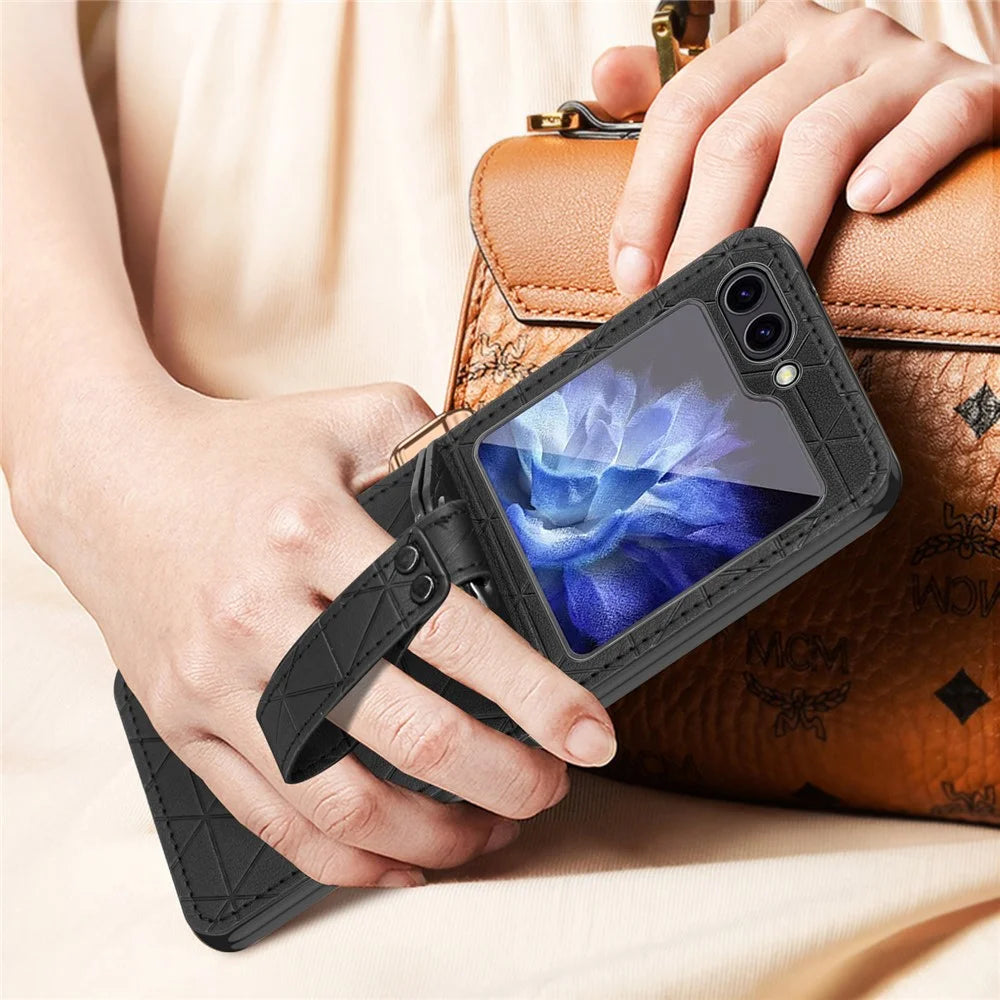 For Samsung Galaxy Z Flip5 5G Case Rhombus Texture Leather+PC Phone Cover Strap Kickstand - Black - 7