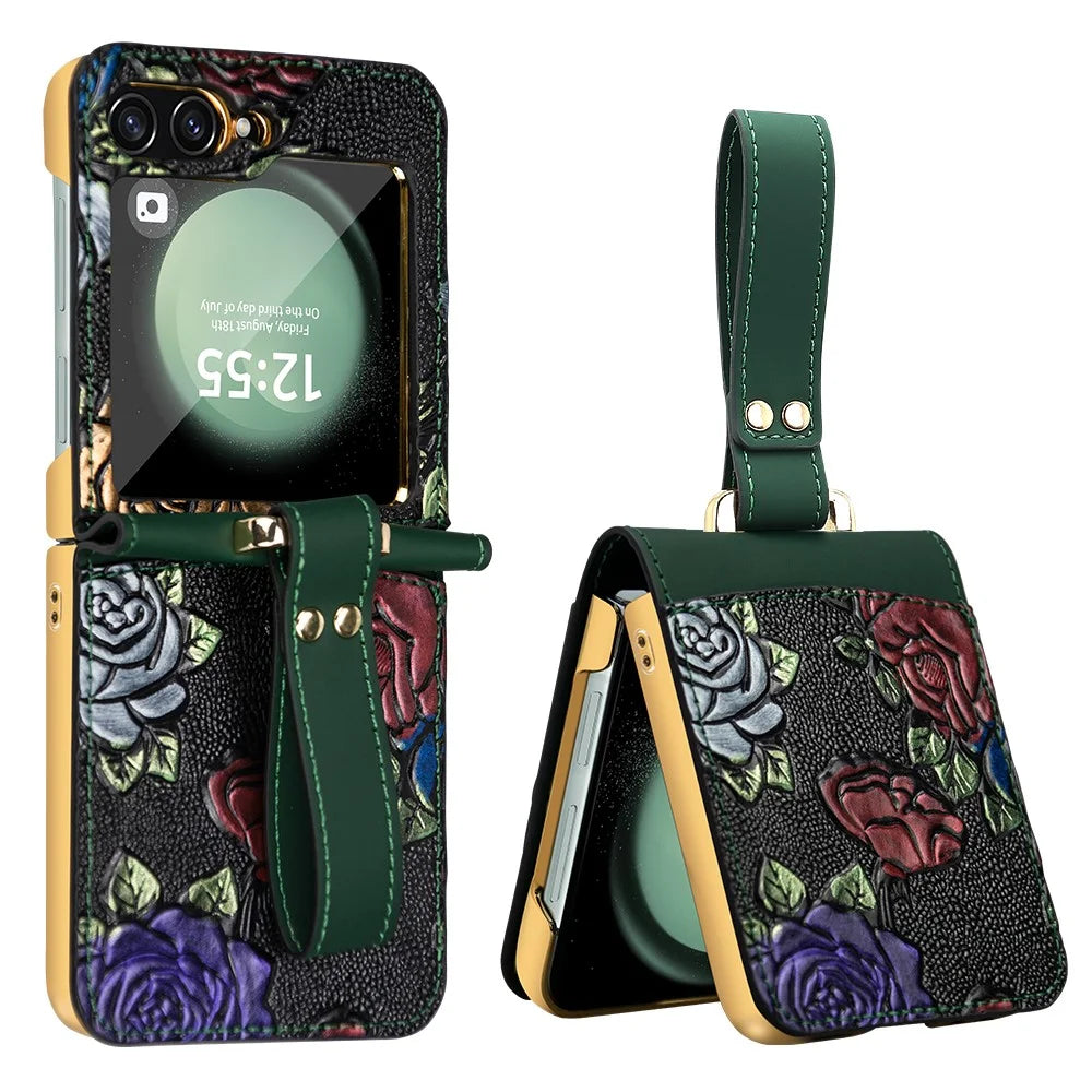 For Samsung Galaxy Z Flip5 5G Kickstand Case Flower Pattern Leather+PC Phone Cover with Back Film - Green - 1