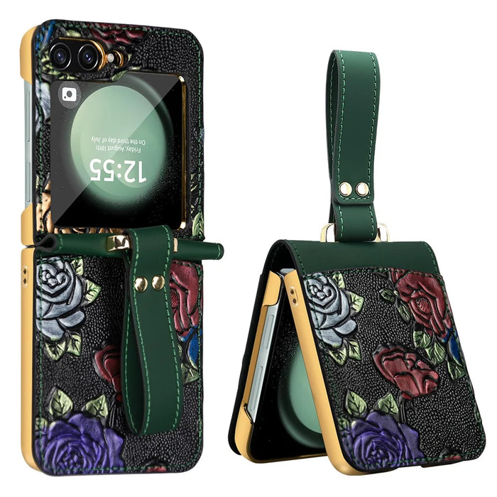 For Samsung Galaxy Z Flip5 5G Kickstand Case Flower Pattern Leather+PC Phone Cover with Back Film - Green - 1