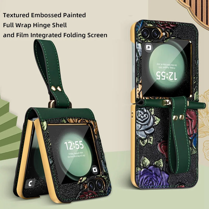 For Samsung Galaxy Z Flip5 5G Kickstand Case Flower Pattern Leather+PC Phone Cover with Back Film - Green - 2