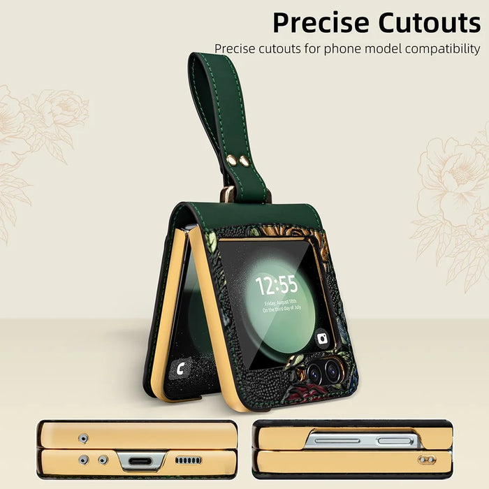 For Samsung Galaxy Z Flip5 5G Kickstand Case Flower Pattern Leather+PC Phone Cover with Back Film - Green - 6