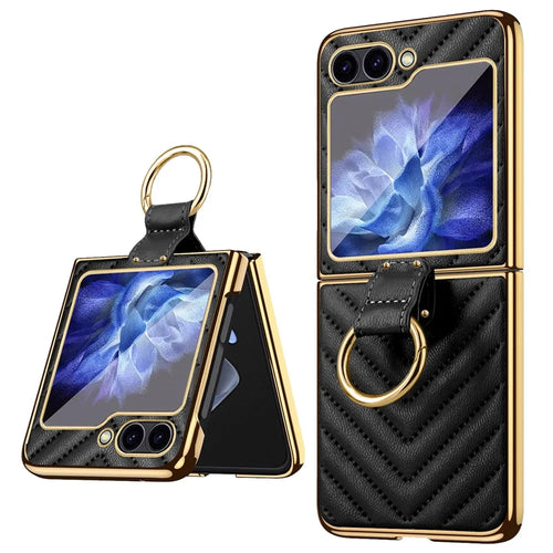 For Samsung Galaxy Z Flip7 FE 5G / Z Flip6 5G Case V-Shape Pattern Kickstand PC Phone Cover - Black - 1
