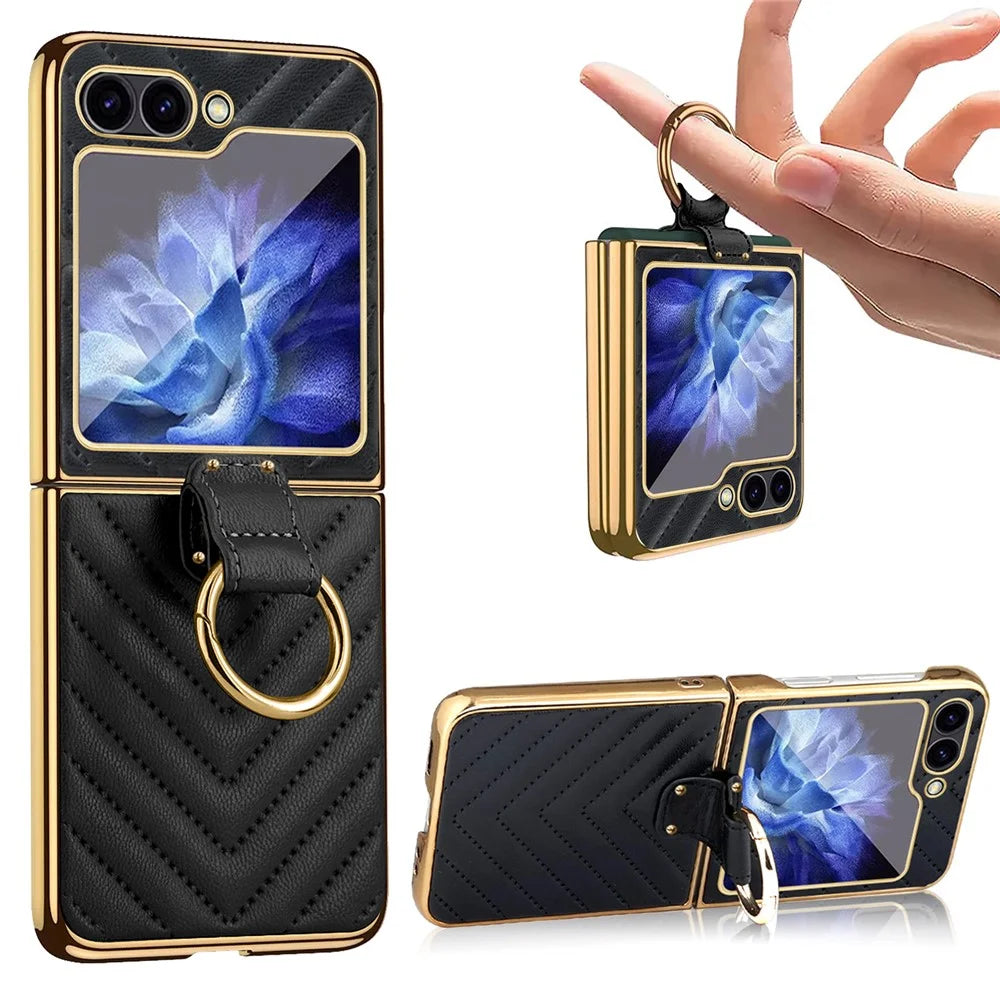 For Samsung Galaxy Z Flip7 FE 5G / Z Flip6 5G Case V-Shape Pattern Kickstand PC Phone Cover - Black - 2