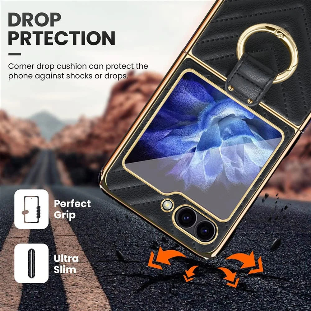 For Samsung Galaxy Z Flip7 FE 5G / Z Flip6 5G Case V-Shape Pattern Kickstand PC Phone Cover - Black - 5
