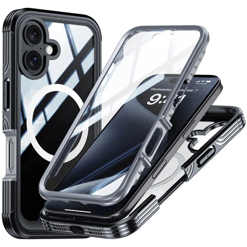 For iPhone 16 Magnetic Case with Tempered Glass Film PC + TPU Full Rugged Phone Cover - Black  /  Grey - 1
