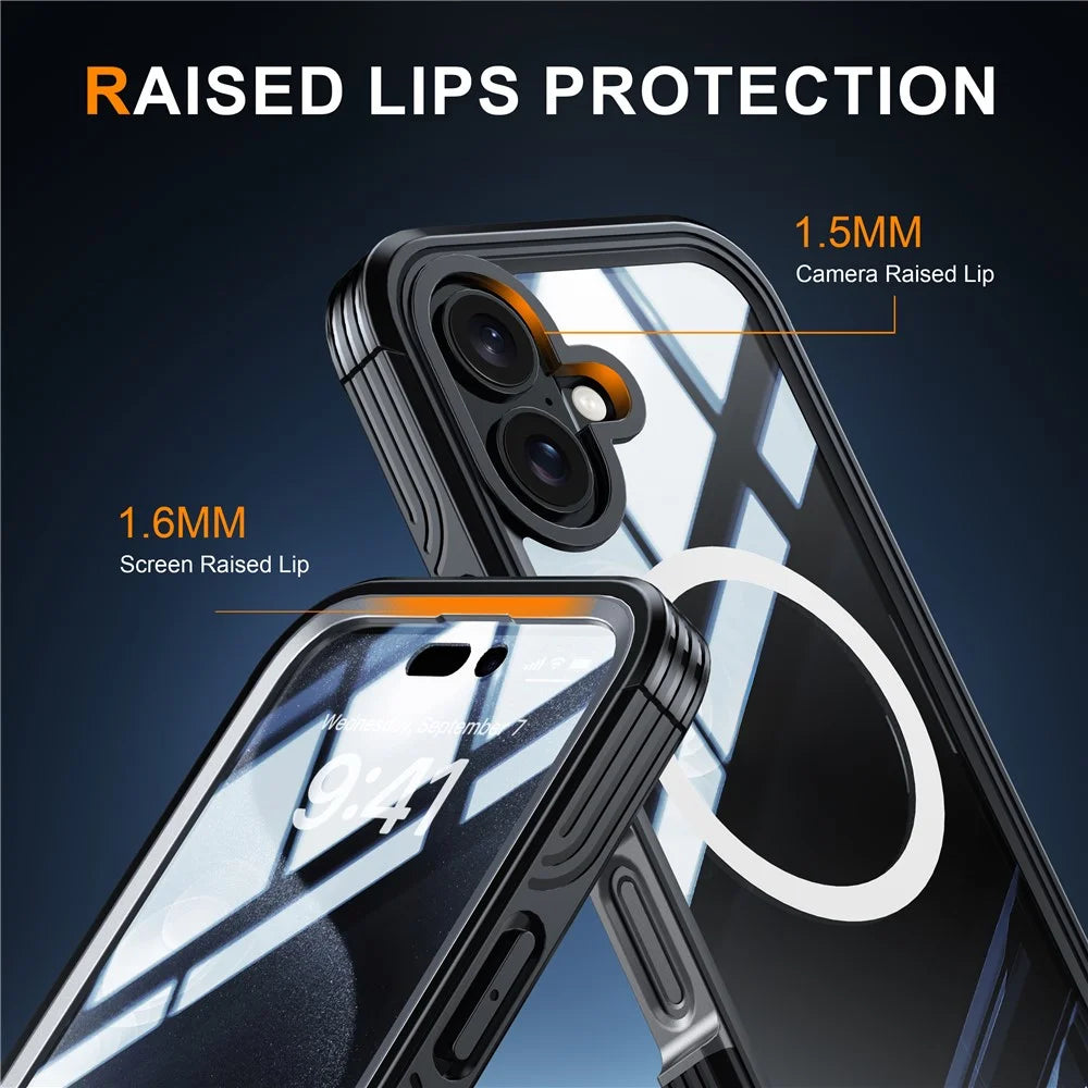 For iPhone 16 Magnetic Case with Tempered Glass Film PC + TPU Full Rugged Phone Cover - Black  /  Grey - 3