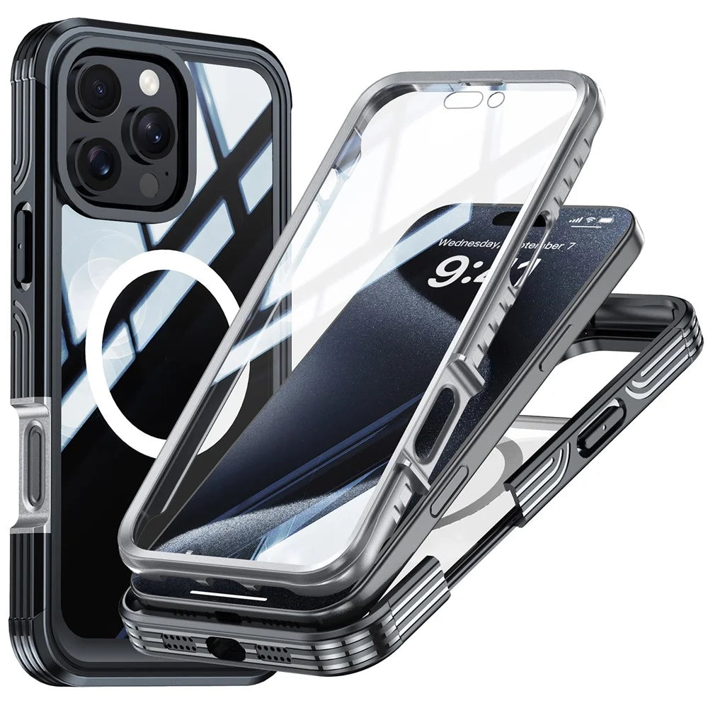 For iPhone 16 Pro Magnetic Case PC + TPU Full Protection Phone Cover with Screen Film - Black  /  Grey - 1