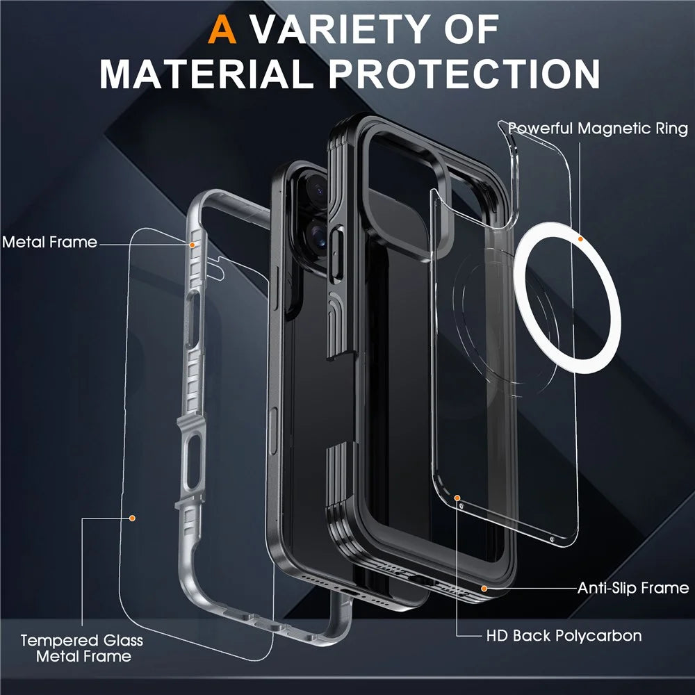 For iPhone 16 Pro Magnetic Case PC + TPU Full Protection Phone Cover with Screen Film - Black  /  Grey - 4