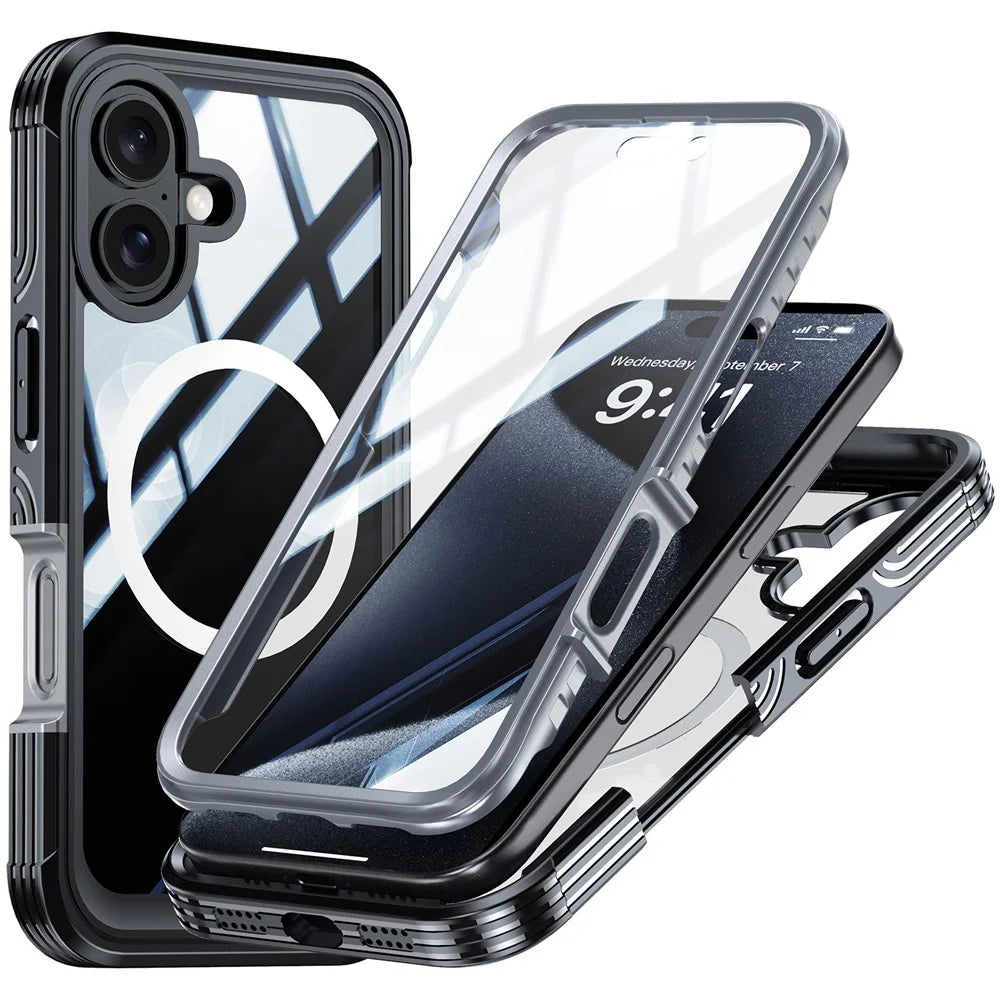 For iPhone 16 Plus Magnetic Case with Screen Film Full Protection PC + TPU Phone Cover - Black  /  Grey - 1